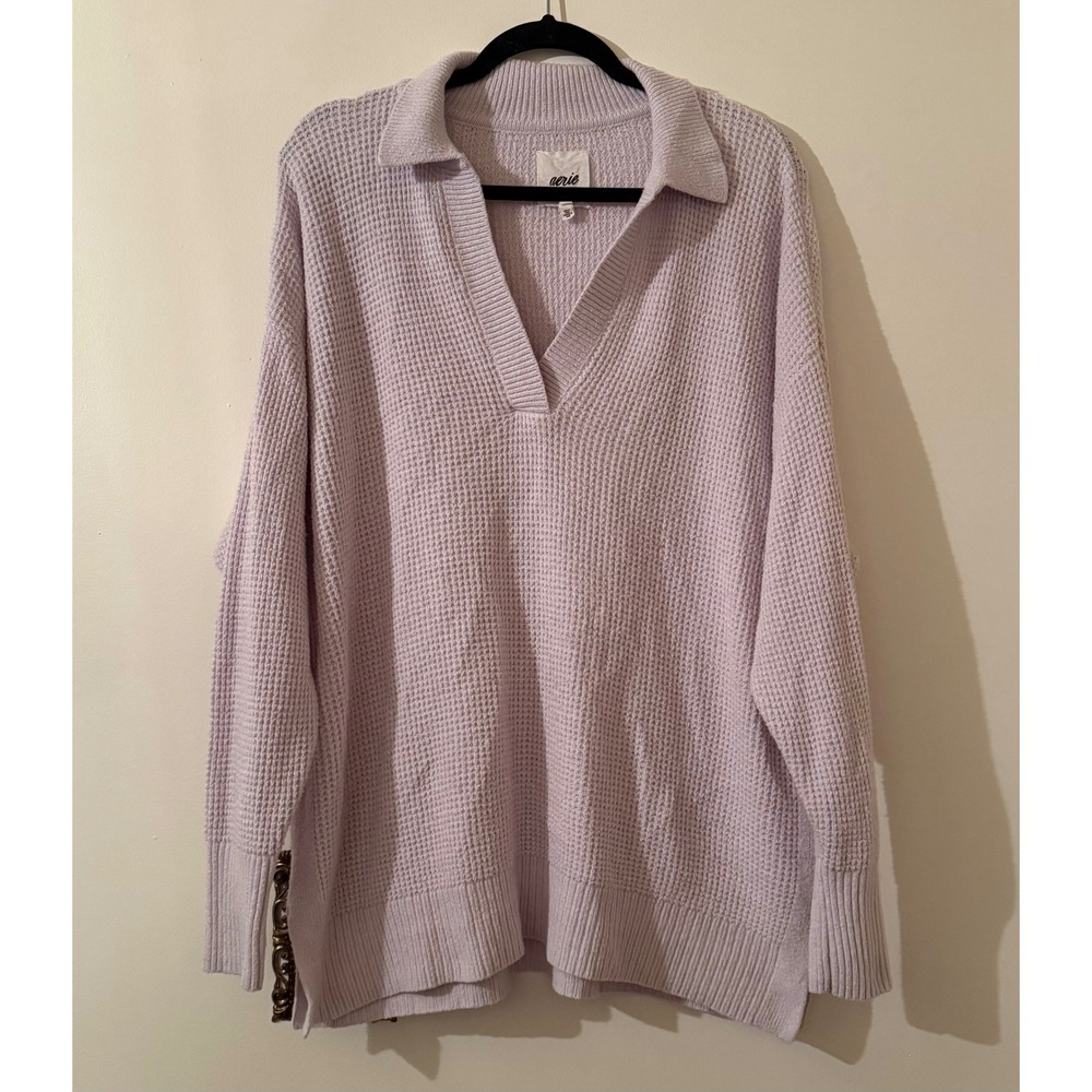 Aerie CozyUp Lavender Waffle Knit Polo Sweater Oversized V-Neck Purple Small